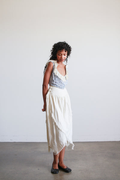 1980s Cream Asymmetrical Woven Cotton Midi Skirt