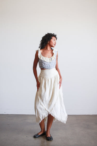 1980s Cream Asymmetrical Woven Cotton Midi Skirt