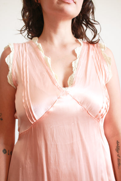 1940s Peach Silk Rayon Lace Trim Nightgown