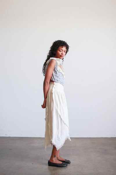 1980s Cream Asymmetrical Woven Cotton Midi Skirt