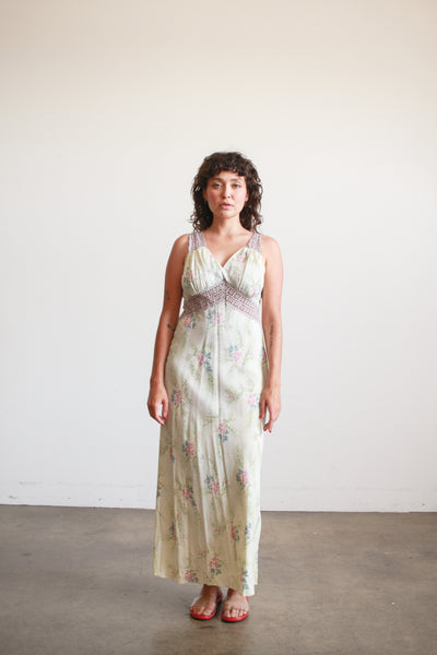 1940s Teal Floral Print Rayon Nightgown