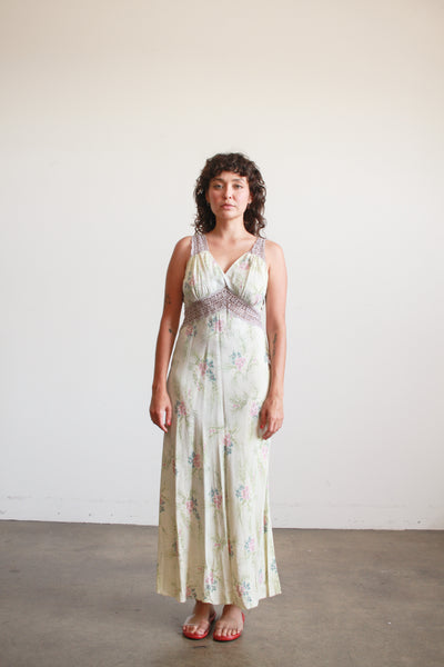 1940s Teal Floral Print Rayon Nightgown