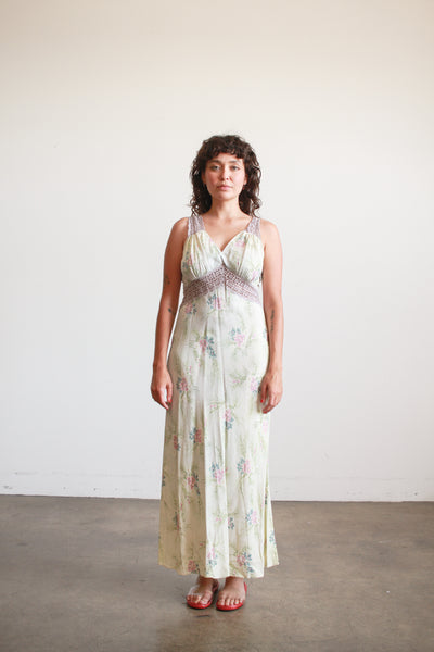 1940s Teal Floral Print Rayon Nightgown