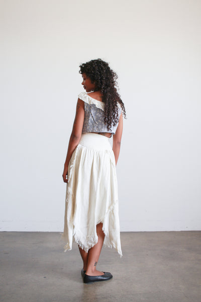 1980s Cream Asymmetrical Woven Cotton Midi Skirt
