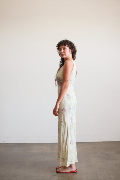 1940s Teal Floral Print Rayon Nightgown
