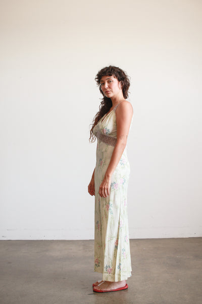 1940s Teal Floral Print Rayon Nightgown