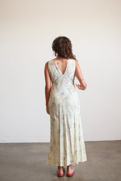 1940s Teal Floral Print Rayon Nightgown
