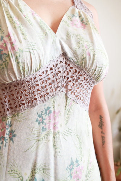 1940s Teal Floral Print Rayon Nightgown