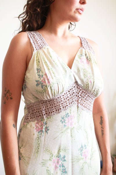 1940s Teal Floral Print Rayon Nightgown
