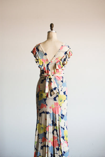 1930s Floral Print Crepe Silk Bias Gown