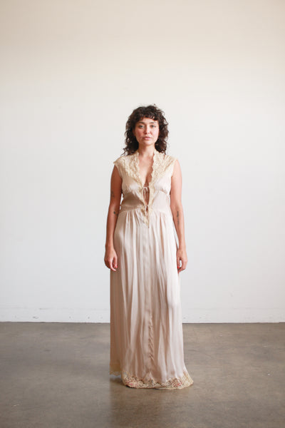 1930s Taupe Charmeuse Silk Lace Nightgown