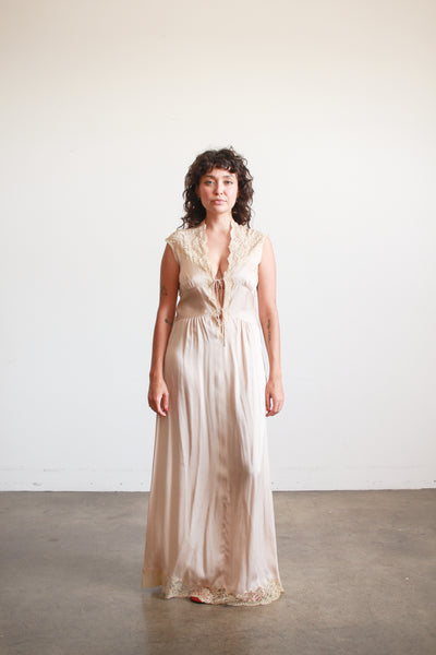 1930s Taupe Charmeuse Silk Lace Nightgown