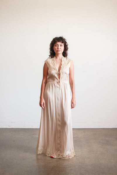 1930s Taupe Charmeuse Silk Lace Nightgown