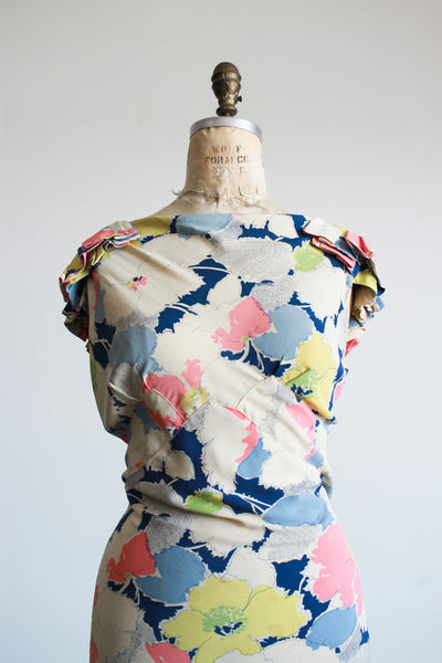 1930s Floral Print Crepe Silk Bias Gown