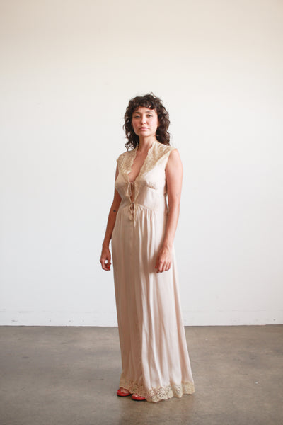 1930s Taupe Charmeuse Silk Lace Nightgown