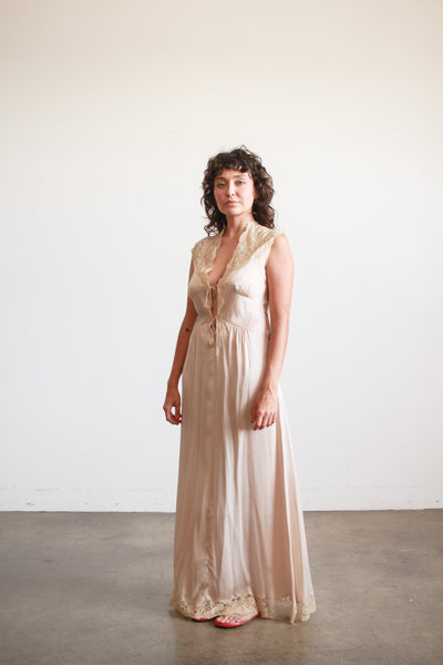 1930s Taupe Charmeuse Silk Lace Nightgown