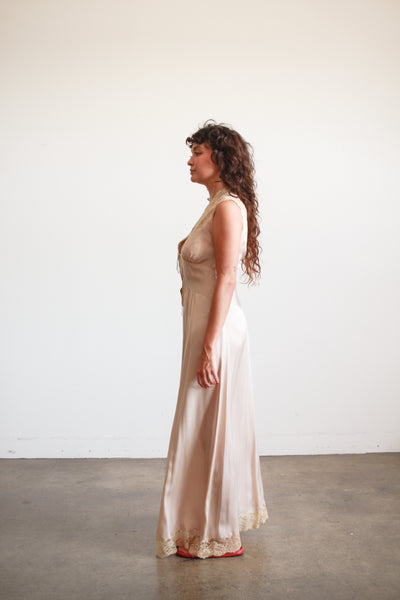 1930s Taupe Charmeuse Silk Lace Nightgown