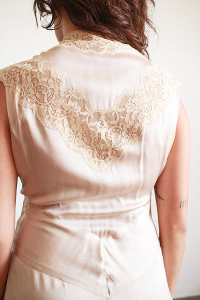 1930s Taupe Charmeuse Silk Lace Nightgown