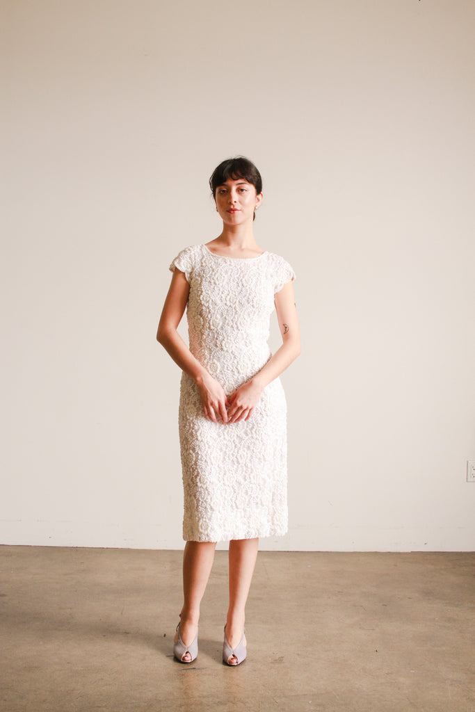 1950s White Beaded Cap Sleeve Dress Blossom Vintage 1950s White Beaded Cap Sleeve Dress Blossom Vintage