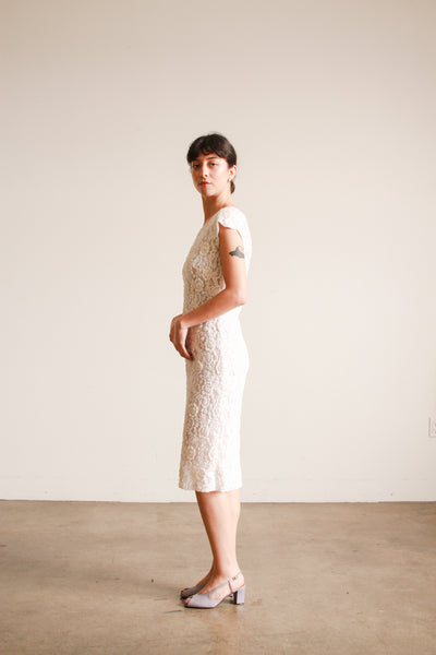 1950s White Beaded Cap Sleeve Dress