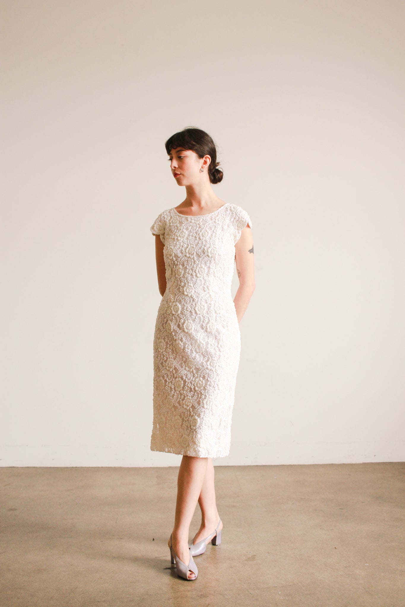 1950s White Beaded Cap Sleeve Dress