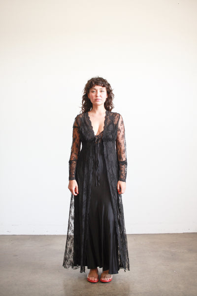 1980s Black Lace Sheer Duster Robe