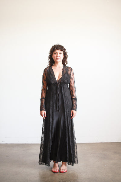 1980s Black Lace Sheer Duster Robe