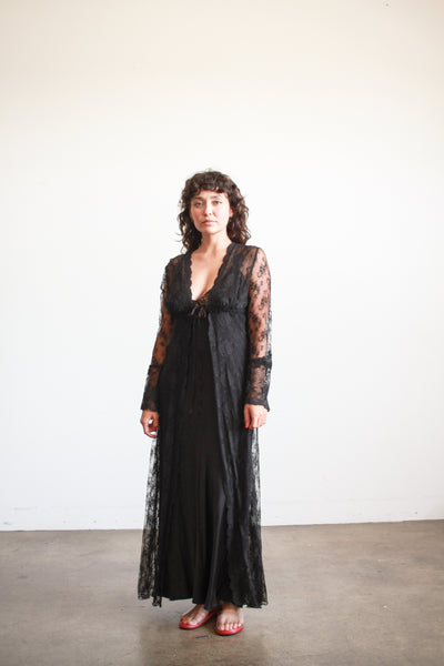 1980s Black Lace Sheer Duster Robe