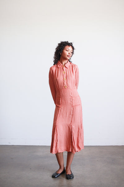 1940s Red Block Print Rayon Midi Dress