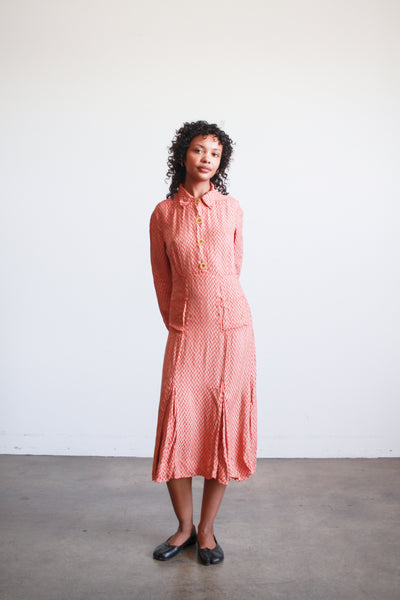 1940s Red Block Print Rayon Midi Dress