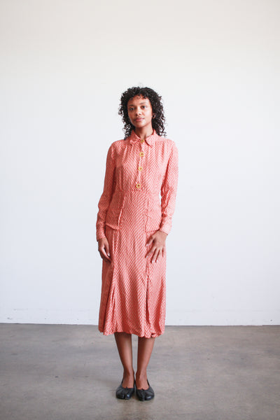 1940s Red Block Print Rayon Midi Dress
