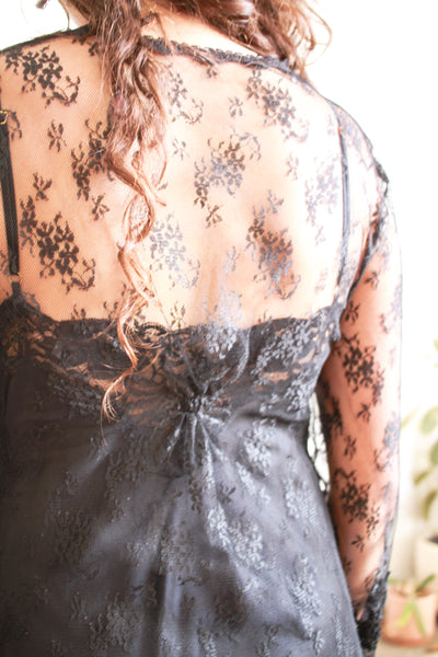 1980s Black Lace Sheer Duster Robe