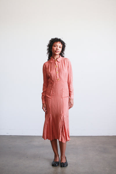 1940s Red Block Print Rayon Midi Dress