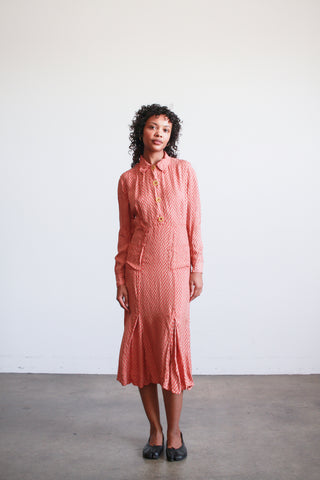 1940s Red Block Print Rayon Midi Dress