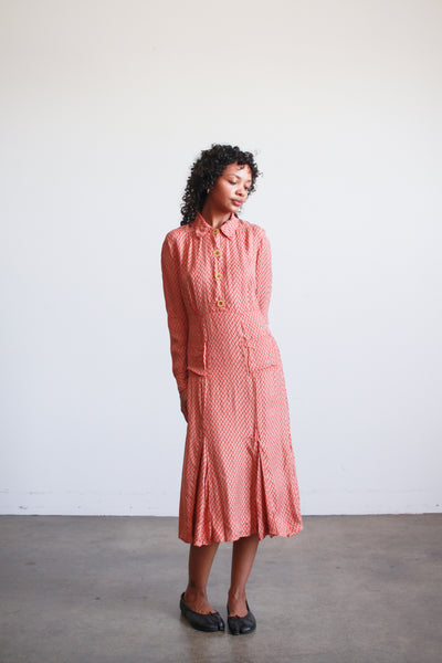 1940s Red Block Print Rayon Midi Dress