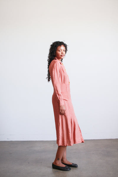 1940s Red Block Print Rayon Midi Dress