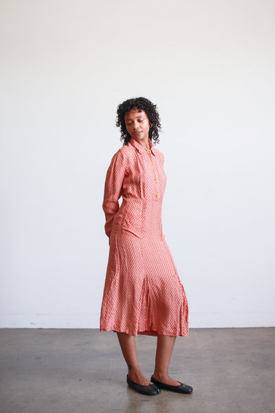 1940s Red Block Print Rayon Midi Dress
