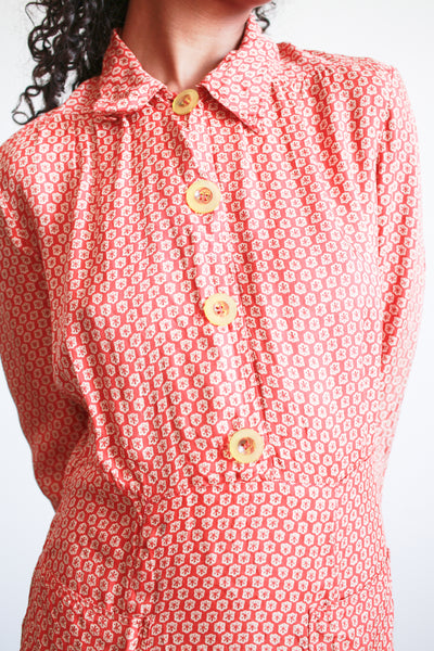 1940s Red Block Print Rayon Midi Dress
