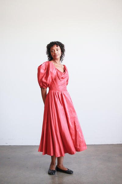 1950s Ceil Chapman Ruby Red Taffeta Basque Waist Dress