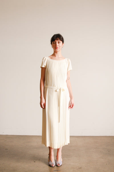 1980s Albert Nipon Ecru Pleated Midi Dress