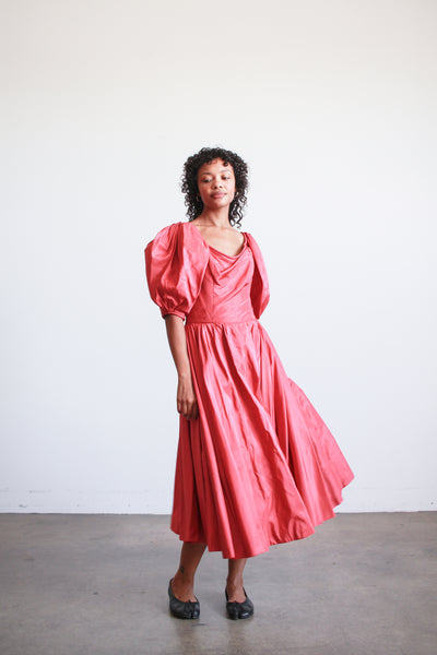 1950s Ceil Chapman Ruby Red Taffeta Basque Waist Dress