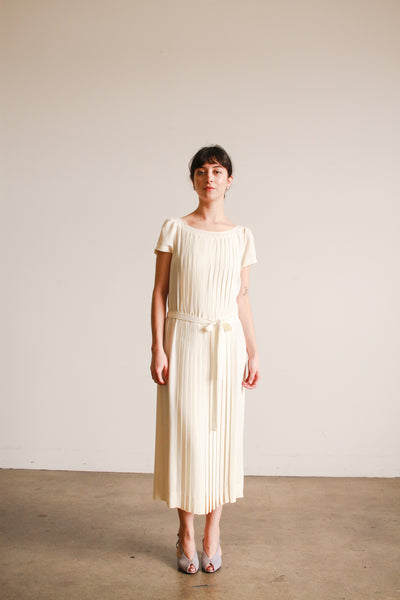 1980s Albert Nipon Ecru Pleated Midi Dress