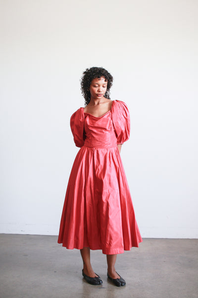 1950s Ceil Chapman Ruby Red Taffeta Basque Waist Dress