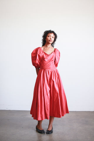 1950s Ceil Chapman Ruby Red Taffeta Basque Waist Dress