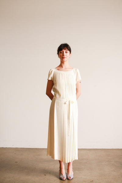 1980s Albert Nipon Ecru Pleated Midi Dress