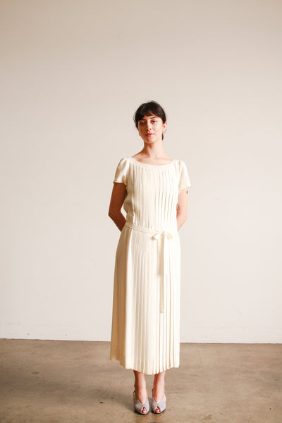 1980s Albert Nipon Ecru Pleated Midi Dress