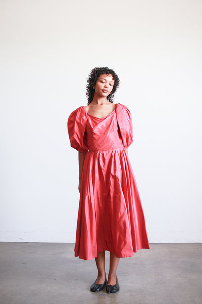 1950s Ceil Chapman Ruby Red Taffeta Basque Waist Dress