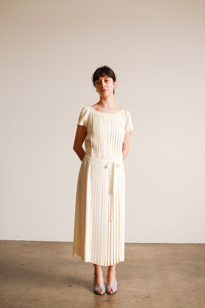 1980s Albert Nipon Ecru Pleated Midi Dress