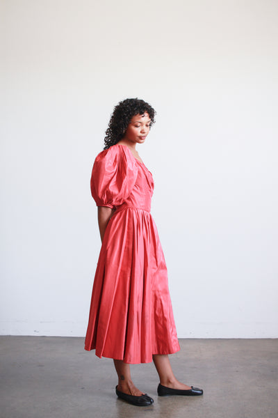 1950s Ceil Chapman Ruby Red Taffeta Basque Waist Dress