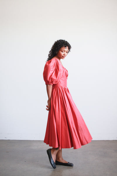 1950s Ceil Chapman Ruby Red Taffeta Basque Waist Dress